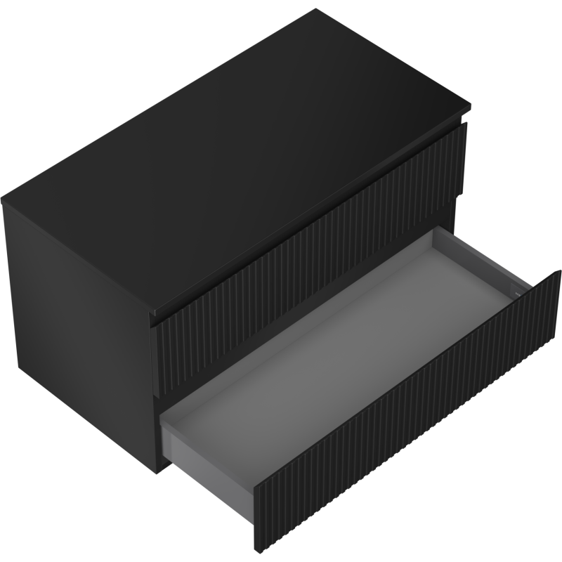 Servantskap til bad 90 cm svart matt med riflet front og åpen skuff, sett skrått ovenfra.