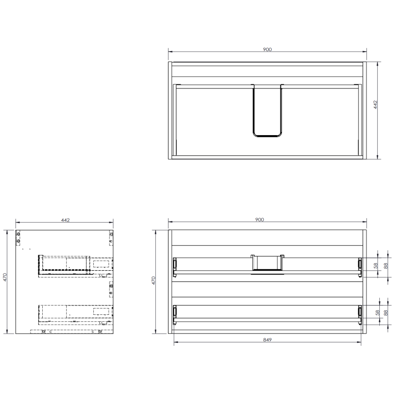 Servantskap 90 cm teknisk tegning med mål og riflet front, vist fra front, side og topp.