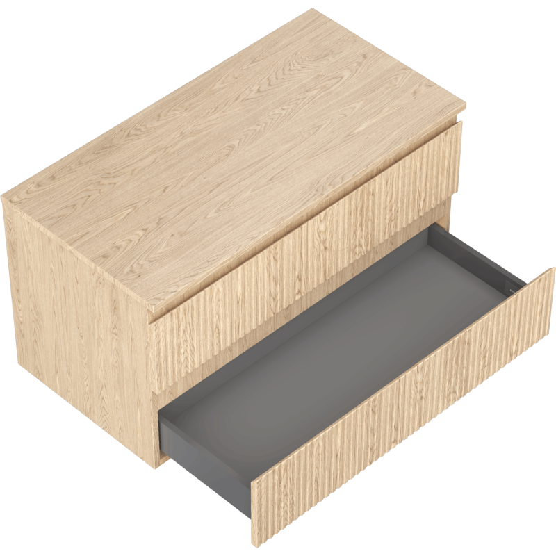 Servantskap til bad i eik med to skuffer, hvor øverste grå skuff er trukket ut og vises ovenfra.