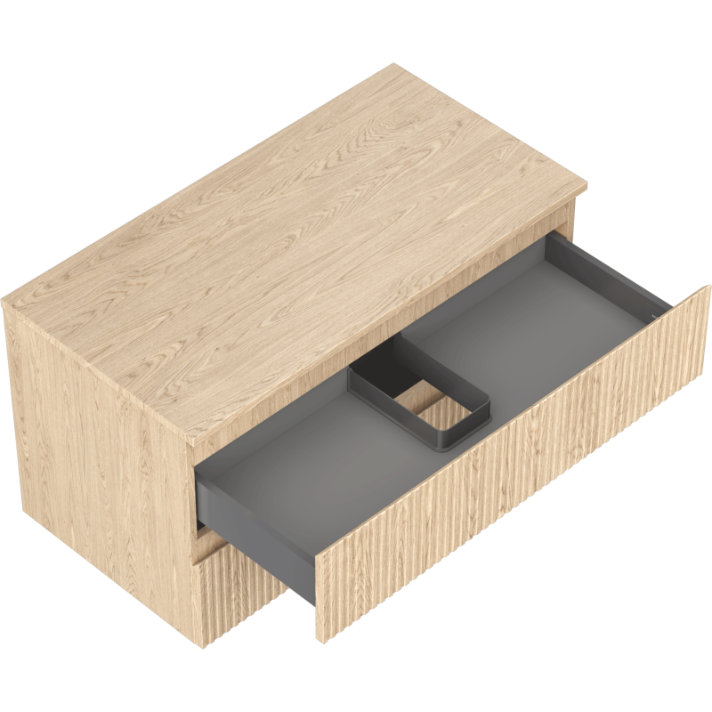 Servantskap uten vask i lys eik med riflet front, åpen skuff med grå innmat og rominndeler.