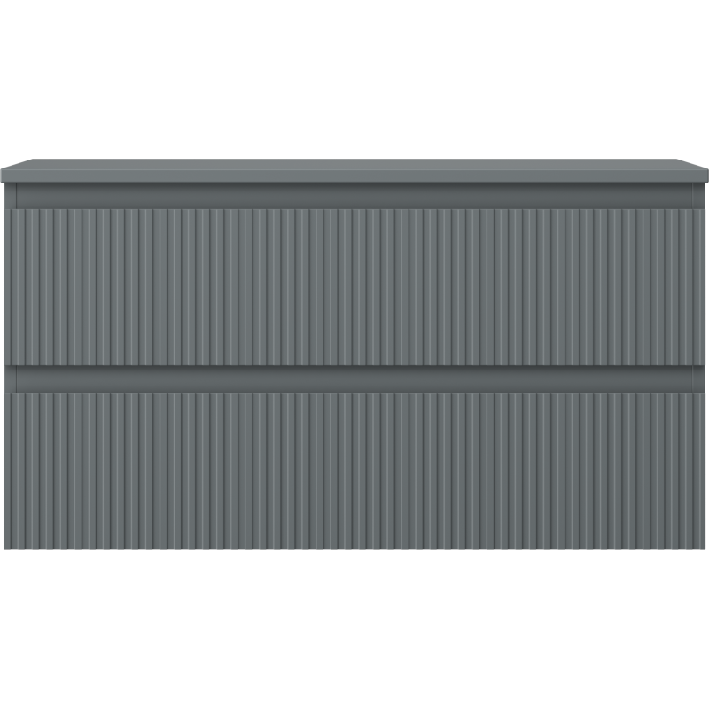 Underskap til servant i grå plast med vertikale riller og horisontalt midtbånd sett forfra.