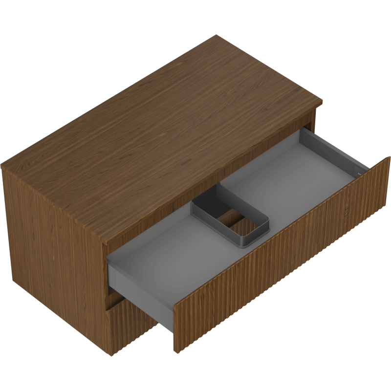 Servantskap uten vask 90 cm i valnøtt med riflet front, åpen grå innerskuff og sort romdeler.