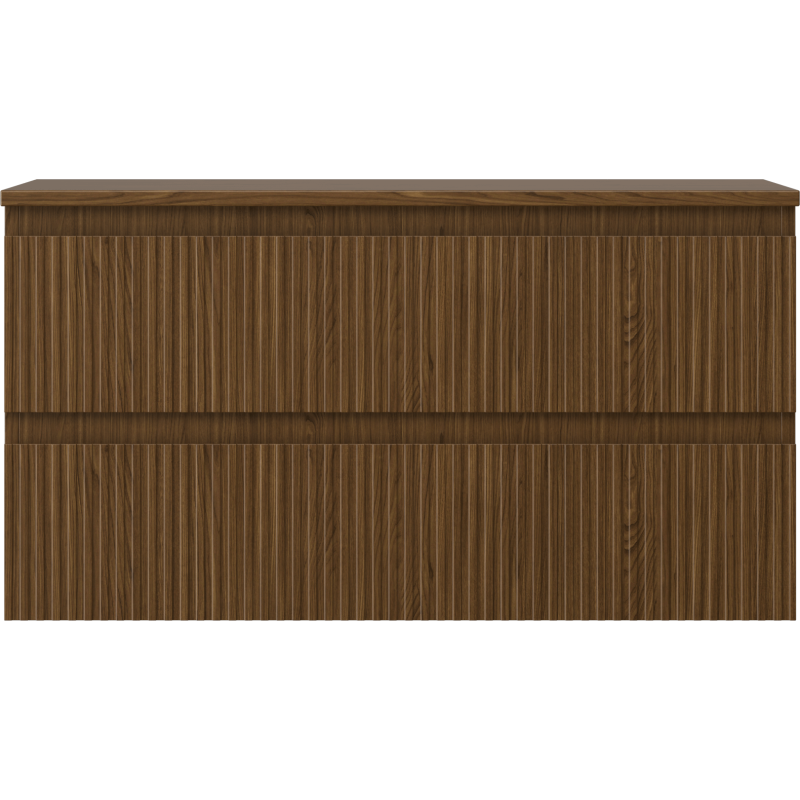 Underskap til servant i mørk valnøtt med riflet front og to brede skuffer uten synlige håndtak.