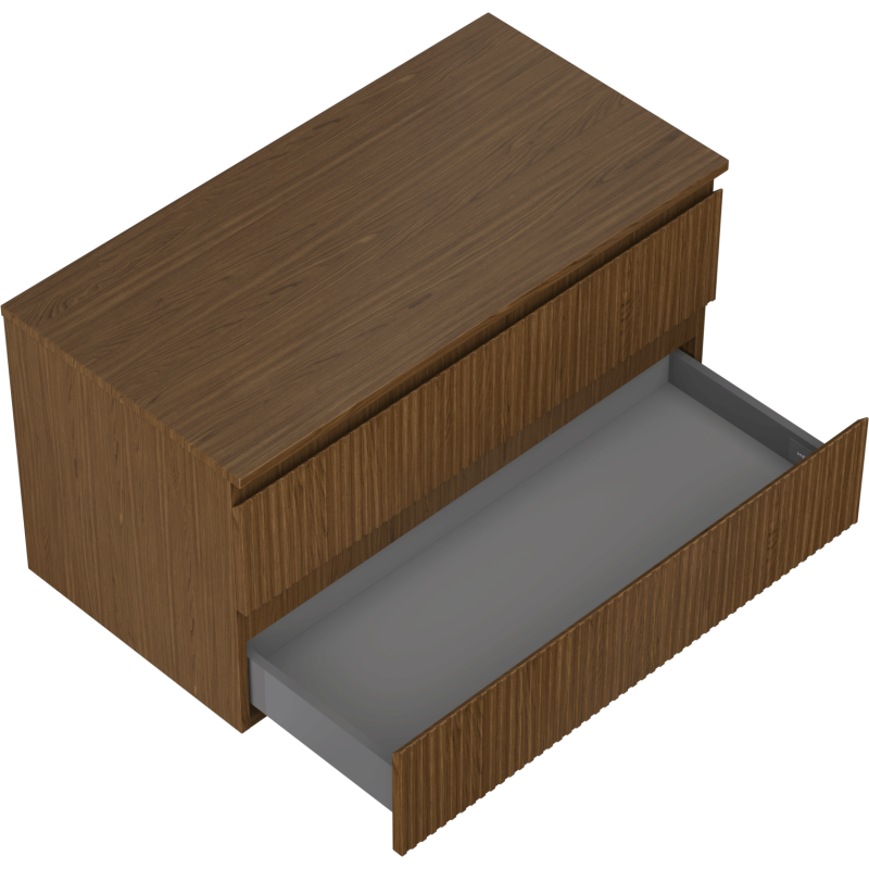 Servantskap til bad i valnøtt med riflet front, skrå overflate og åpen stor skuff med grå innside.