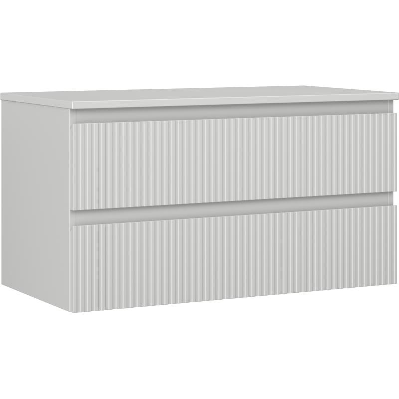 Servantskap 90 cm grå matt med to skuffer og vertikale riller, sett skrått forfra.
