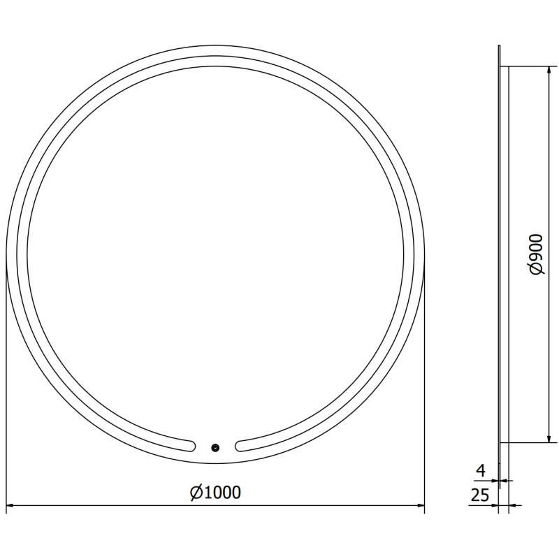 Speil med lys teknisk tegning av rundt speil Mexen Rose 100 cm med mål og sideprofil.