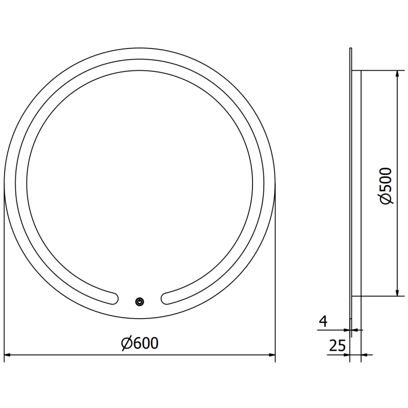Speil med lys teknisk tegning av rundt LED-speil 60 cm med mål og sideprofil.