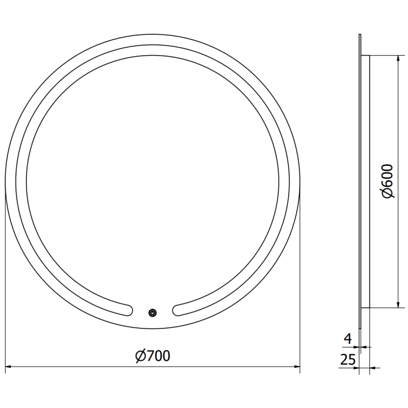 Speil til bad teknisk strekning av rundt LED-speil 70 cm med mål og tykkelse angitt.