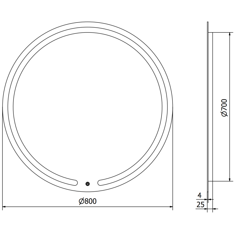 Speil med lys teknisk tegning av rundt speil 80 x 80 cm med mål og detaljer vist forfra og fra siden.