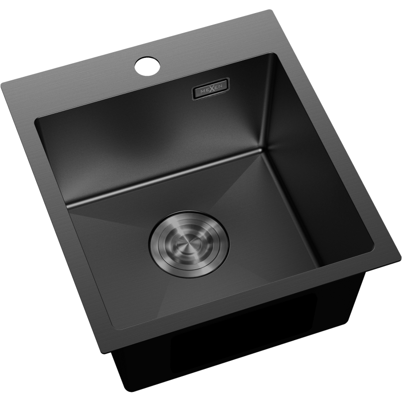 Kjøkkenvask Rustfritt Stål Mexen Solix svart, firkantet vask sett ovenfra med markert avløp og armaturhull.