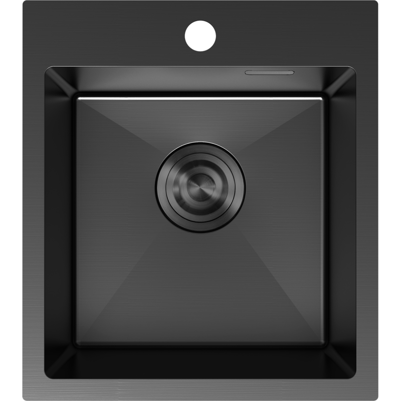 Stålvask Mexen Solix 400 x 450 mm i svart, sett ovenfra med rund avløpsåpning og hull for blandebatteri.