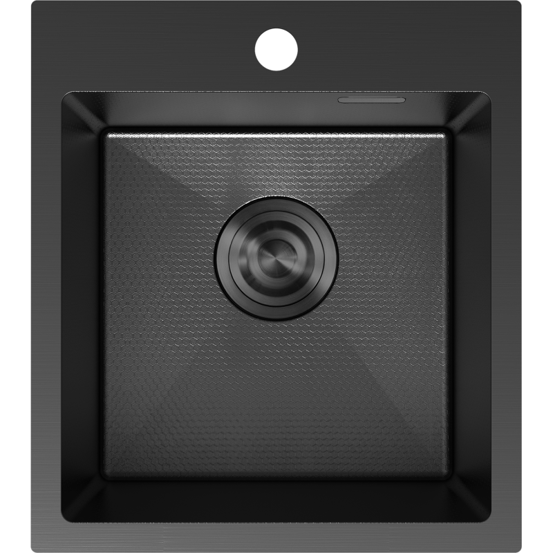 Stålvask Mexen Solix svart 400 x 450 mm sett ovenfra med rund avløp og hull for armatur.