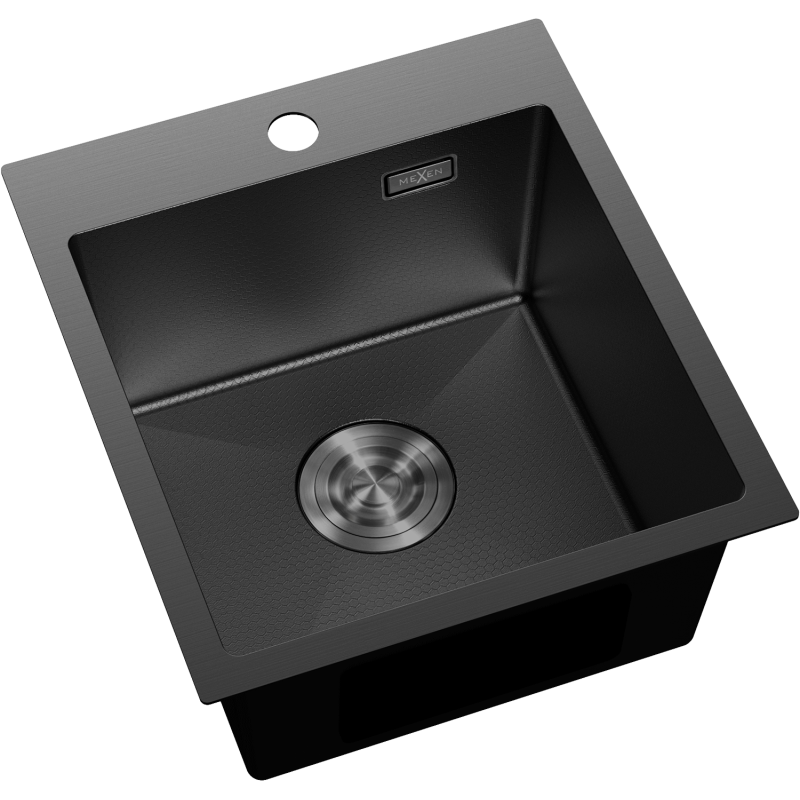 Kjøkkenvask Rustfritt Stål Mexen Solix sort 400 x 450 mm sett ovenfra med dyp kum og rund drenering.