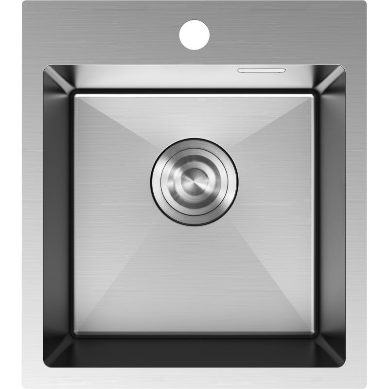 Stålvask Mexen Solix 400 x 450 mm sett ovenfra med rund avløpsåpning og hull til blandebatteri.