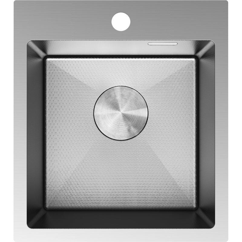 Kjøkkenvask i stål 400 x 450 mm sett ovenfra med rund bunnventil og sekskantet mønster.