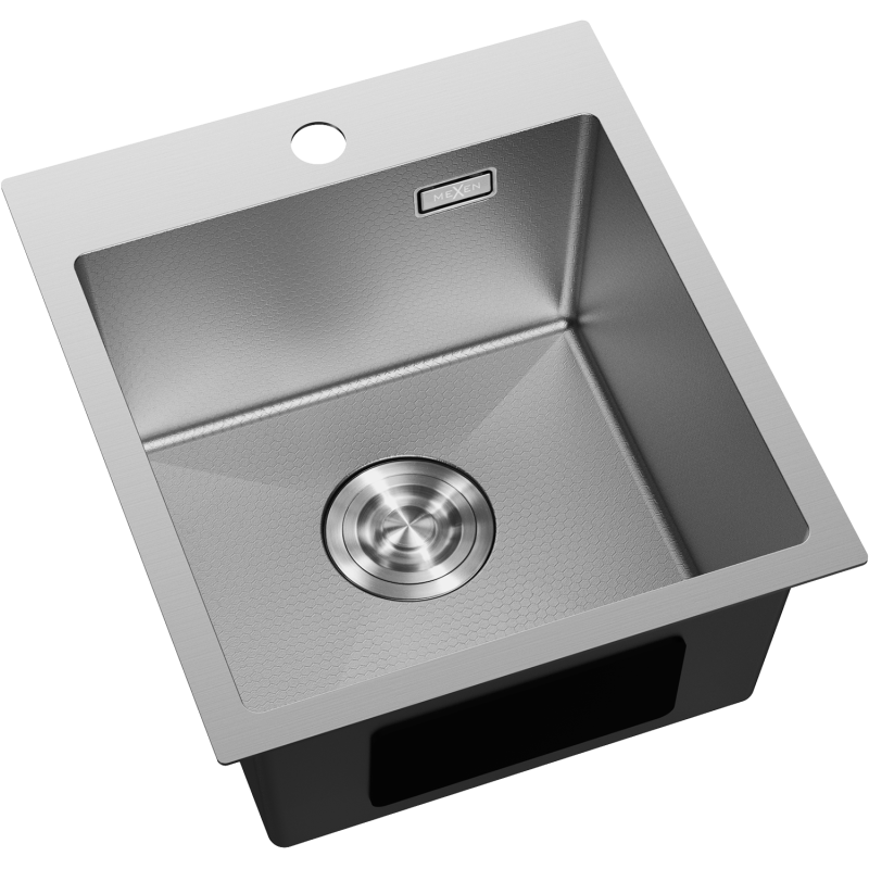 Kjøkkenvask Rustfritt Stål kvadratisk Mexen Solix sett skrått ovenfra med rundt avløp og preget bunn.