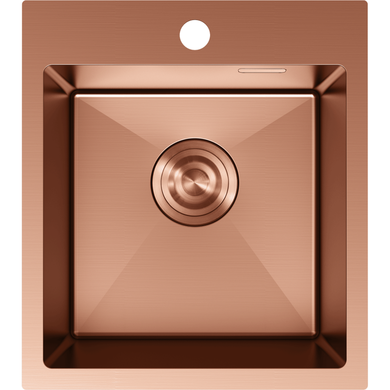 Stålvask Mexen Solix 400 x 450 mm i børstet kobber, sett ovenfra med stort avløp og hull for blandebatteri.