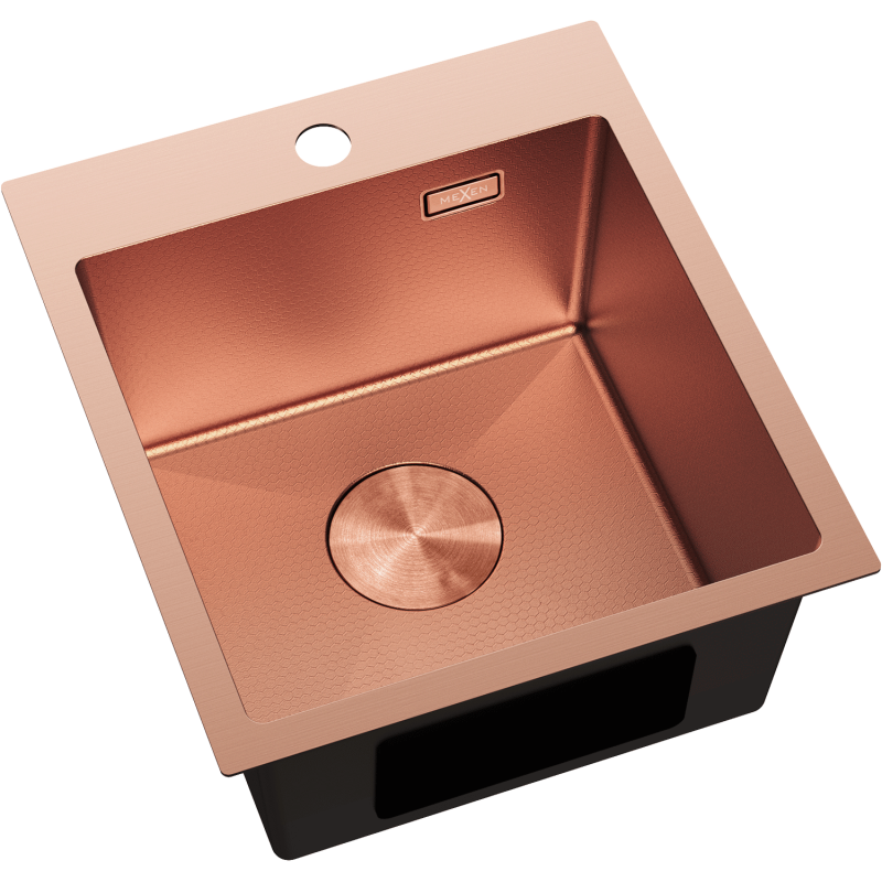 Stål Kjøkkenvask Mexen Solix i børstet kobber, sett ovenfra i vinkel med synlig struktur og kranhull.