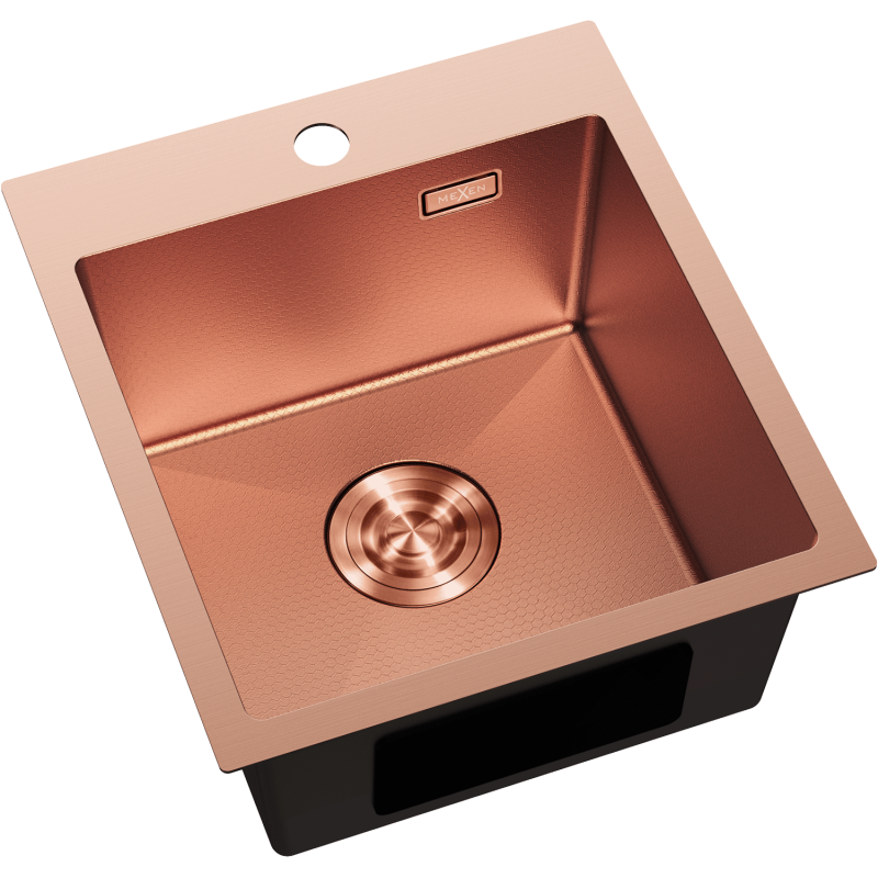 Kjøkkenvask Rustfritt Stål Mexen Solix i kobber, sett skrått ovenfra med strukturmønstret overflate.