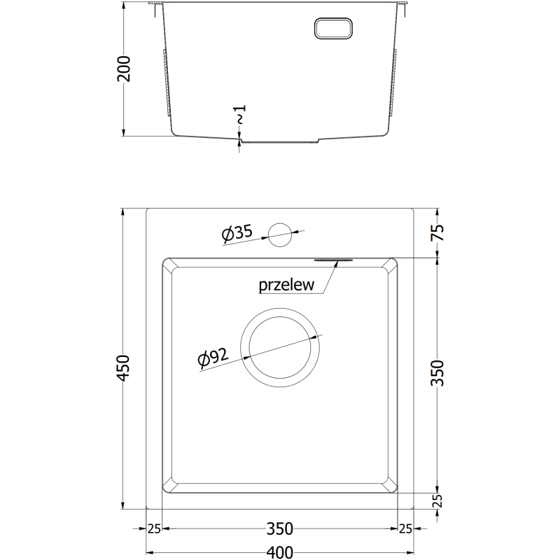 Kjøkkenvask i stål teknisk tegning med mål, topp- og sidevisning av Mexen Solix 400 x 450 mm.