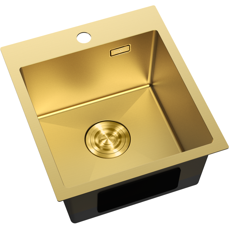 Kjøkkenvask Rustfritt Stål i gull, firkantet med avrundede hjørner, sett ovenfra med avløp og blandebatterihull.