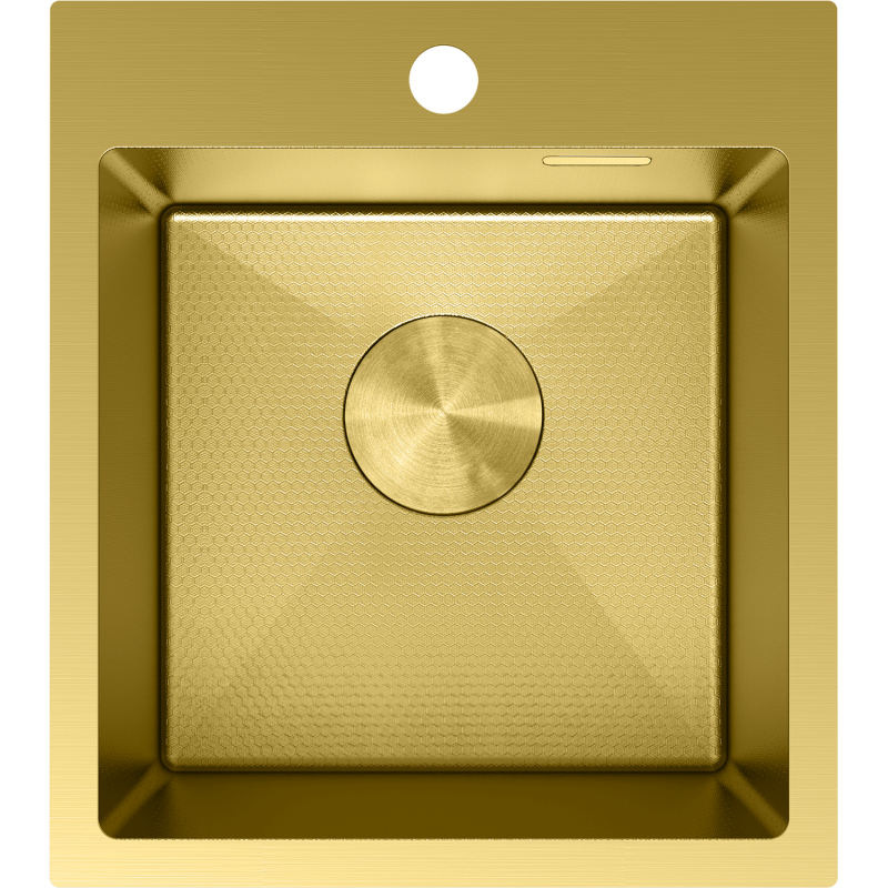 Kjøkkenvask i stål Mexen Solix gull, sett ovenfra med sekskantmønster og sirkulært avløpsdeksel.