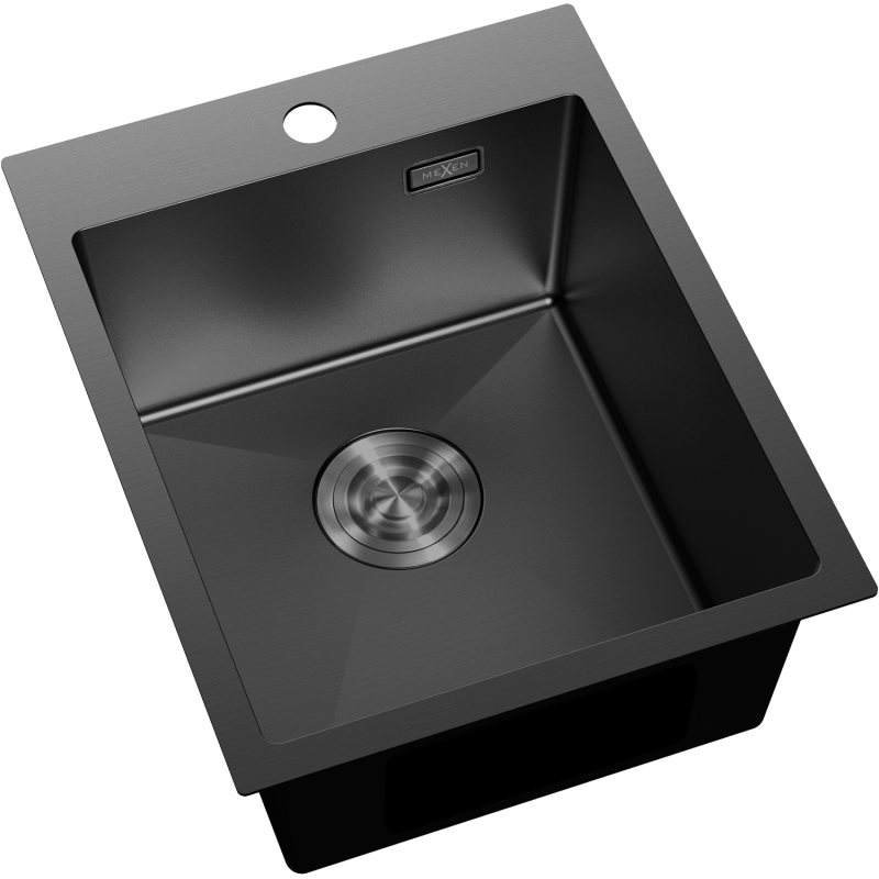 Kjøkkenvask Rustfritt Stål svart Mexen Solix 400x500 mm med sentrert avløp og hull til blandebatteri.