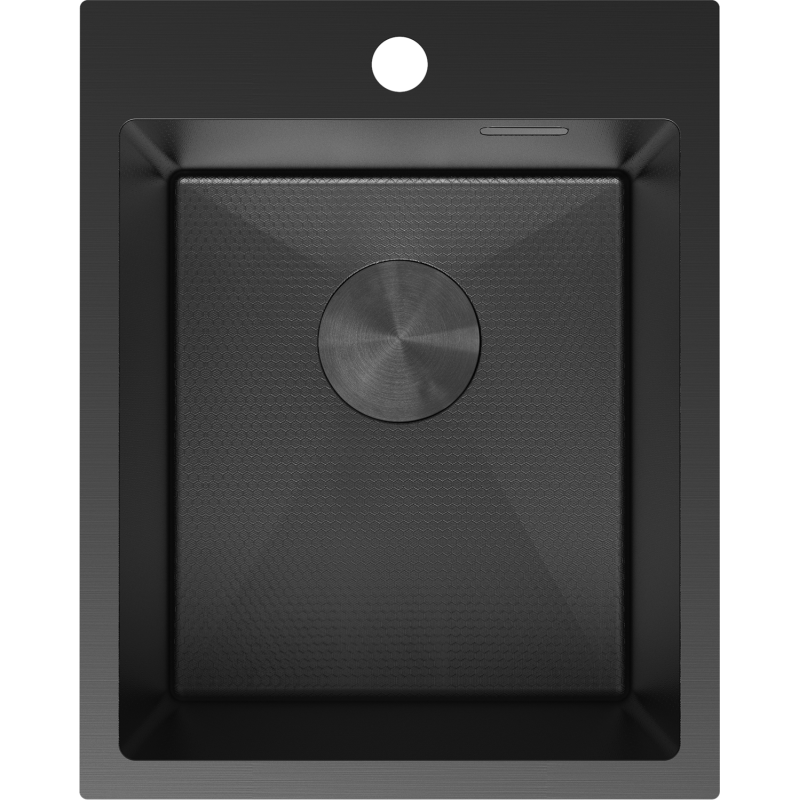Kjøkkenvask i stål Mexen Solix svart, firkantet modell sett ovenfra med rund bunnventil.