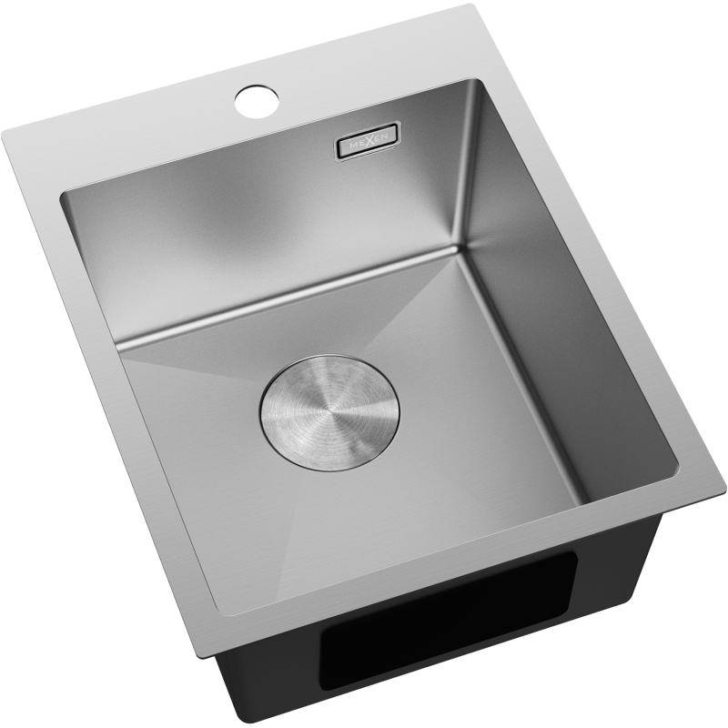 Stål Kjøkkenvask Mexen Solix 400 x 500 mm med avrundet hjørne, sentrert avløp og batterihull.