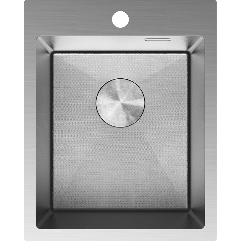 Kjøkkenvask i stål Mexen Solix sett ovenfra med rund bunnventil og sekskantet mønster.