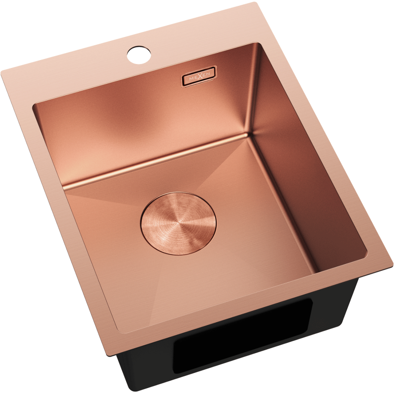 Stål Kjøkkenvask Mexen Solix i børstet kobber, 400 x 500 mm, sett fra skrå fugleperspektiv.