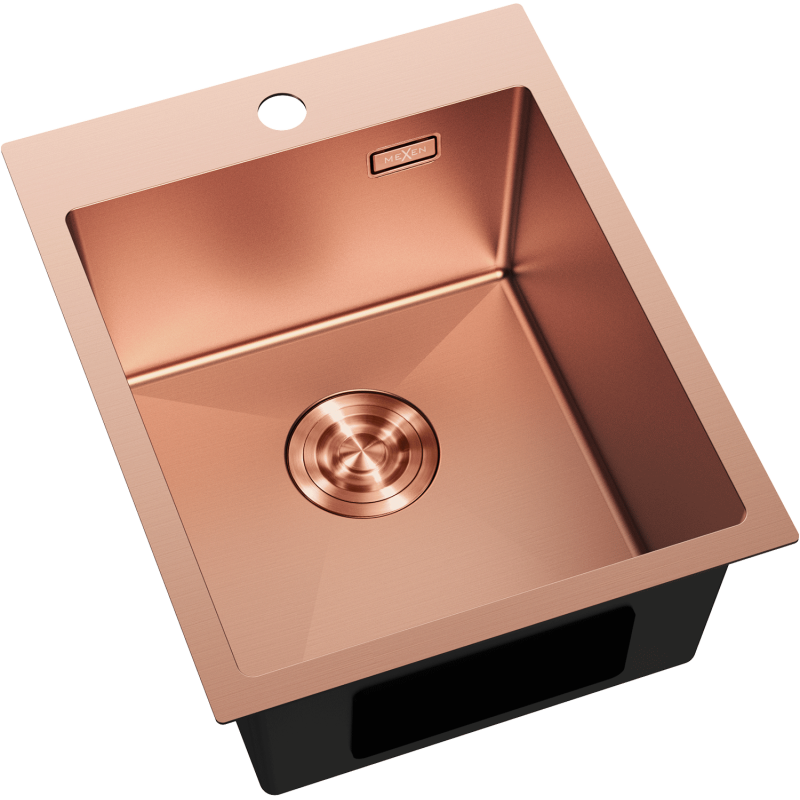 Kjøkkenvask Rustfritt Stål Mexen Solix i kobberfarge, sett ovenfra med overløpshull og rundt avløp.