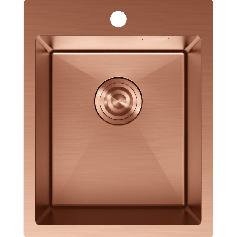 Stålvask Mexen Solix i børstet kobber, sett ovenfra med sentrert avløp og hull til armatur.