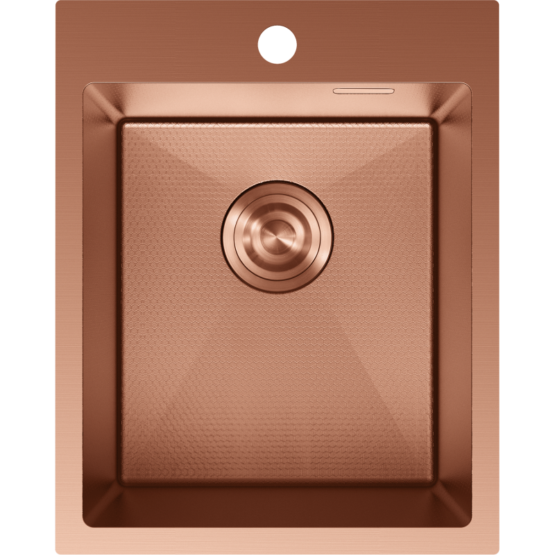 Stålvask Mexen Solix 400 x 500 mm i børstet kobber, sett ovenfra med synlig avløp.