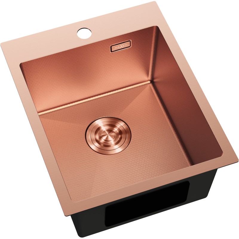Kjøkkenvask Rustfritt Stål firkantet kobbervask Mexen Solix med rillet bunn og rund avløpssil.