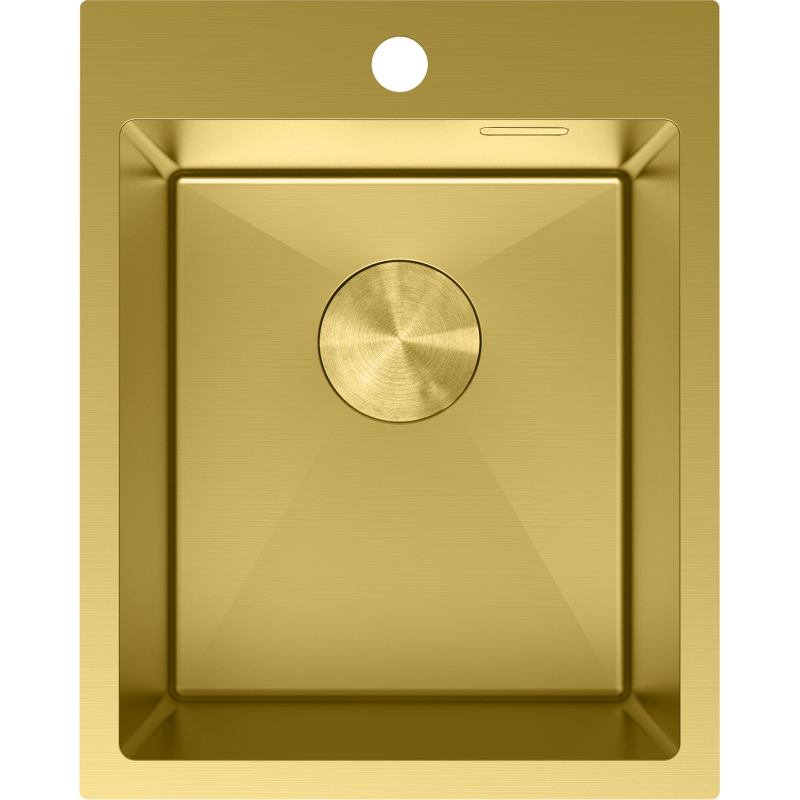Kjøkkenvask i stål, matt gull, 400 x 500 mm, sett ovenfra med rund bunn og hull for blandebatteri.
