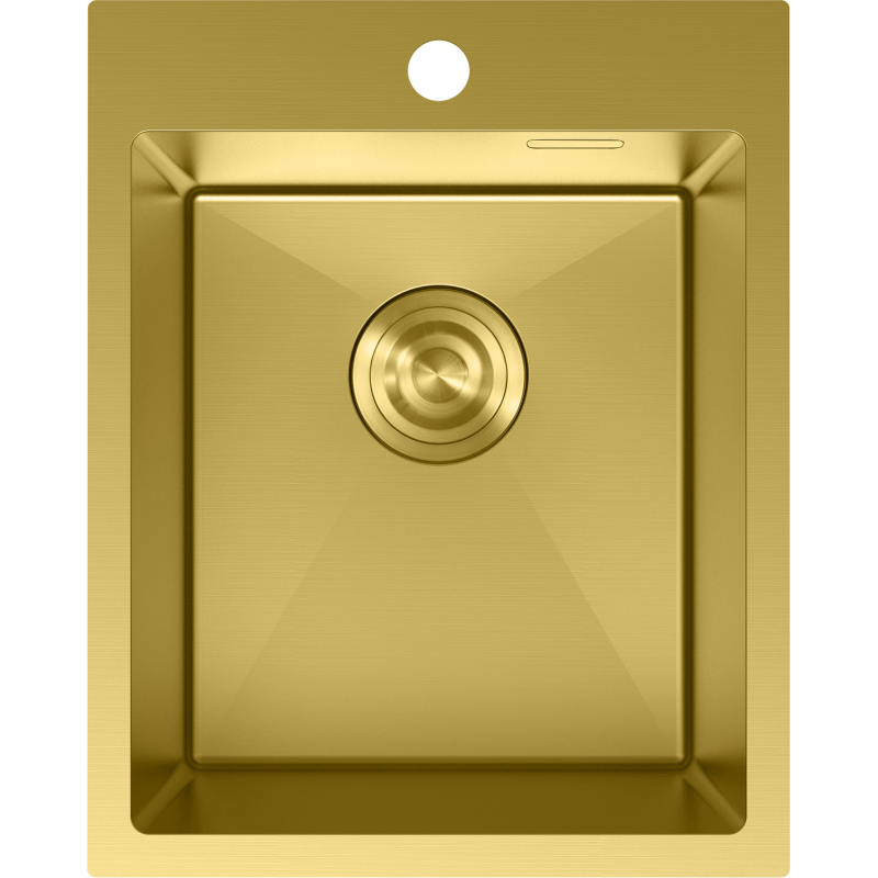 Stålvask Mexen Solix i børstet gull, rektangulær med én kum, sett ovenfra med sentrert avløp.