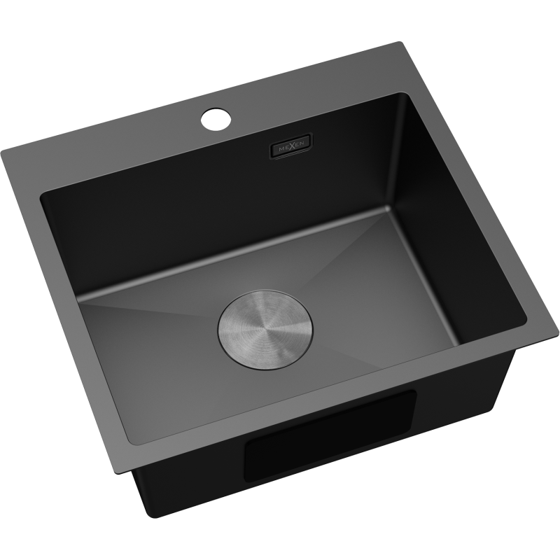 Stål Kjøkkenvask Mexen Solix svart, rektangulær med avrundede hjørner og sentrert metallventil.
