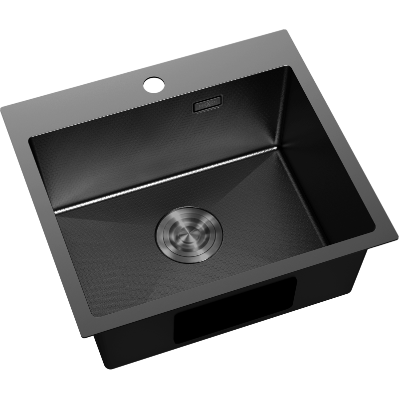 Kjøkkenvask Rustfritt Stål Mexen Solix svart, firkantet med avløpsrist og hull for blandebatteri, sett skrått ovenfra.
