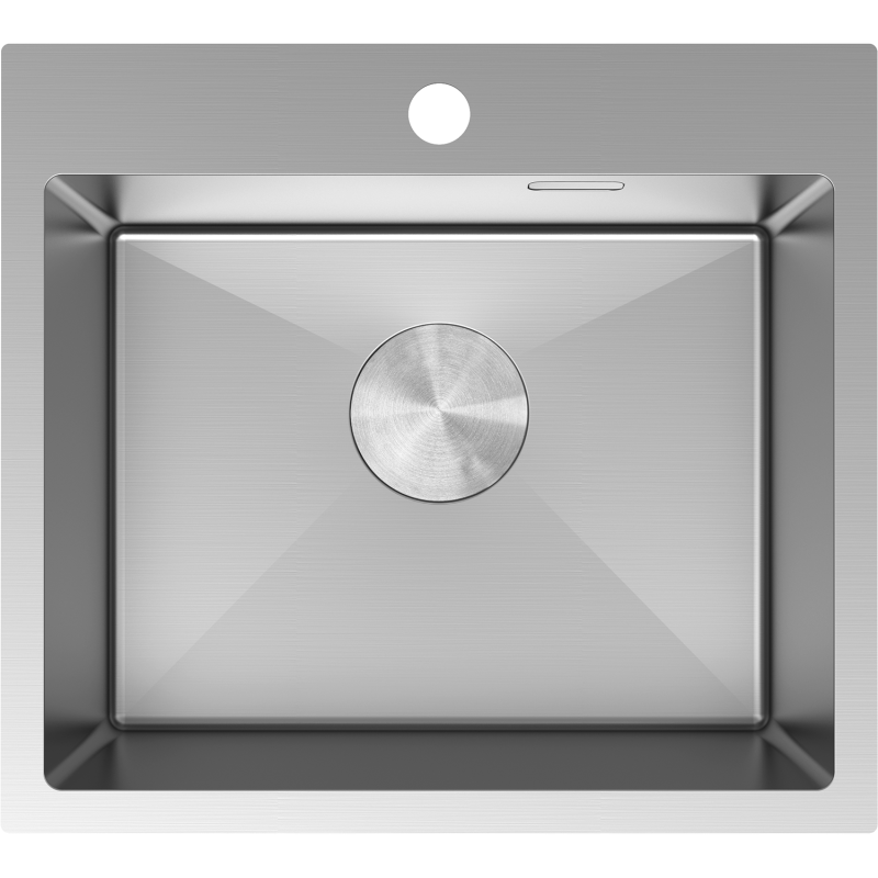 Kjøkkenvask i stål 500 x 450 mm sett ovenfra med sentrert avløp og hull til armatur.