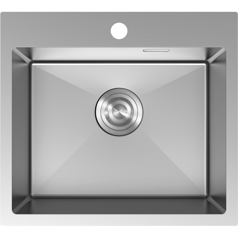Stålvask Mexen Solix 500 x 450 mm sett ovenfra med sentrert avløp og synlig hull til blandebatteri.
