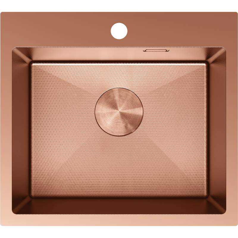Kjøkkenvask i stål 500 x 450 mm i børstet kobber, sett ovenfra med rund avløpsdeksel og armaturhull.