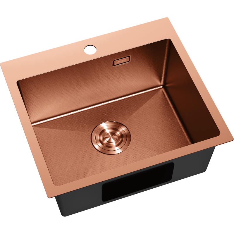 Kjøkkenvask Rustfritt Stål Mexen Solix i børstet kobber, sett ovenfra med strukturert innside og rund rist.