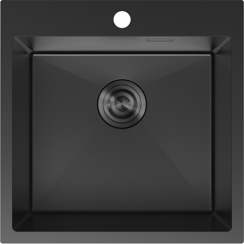 Stålvask Mexen Solix 500 x 500 mm svart, sett ovenfra med sentrert avløp og hull til blandebatteri.