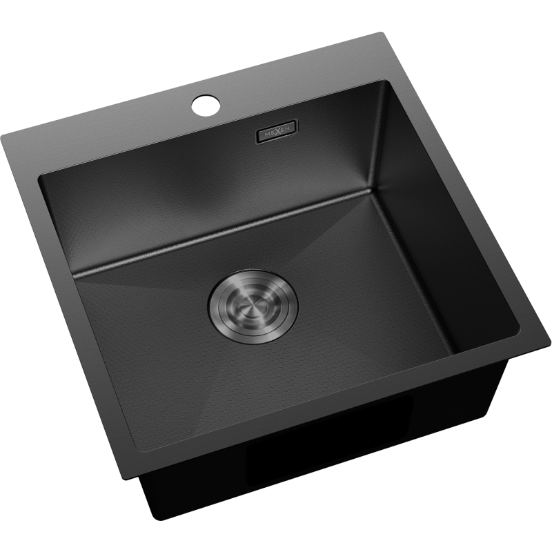 Kjøkkenvask Rustfritt Stål Mexen Solix svart 500x500 mm med avrundet hjørne og synlig avløp.