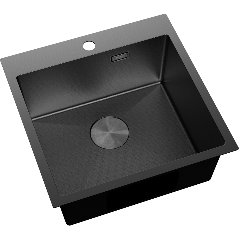 Stål Kjøkkenvask Mexen Solix svart, firkantet med matt finish, sett skrått ovenfra.
