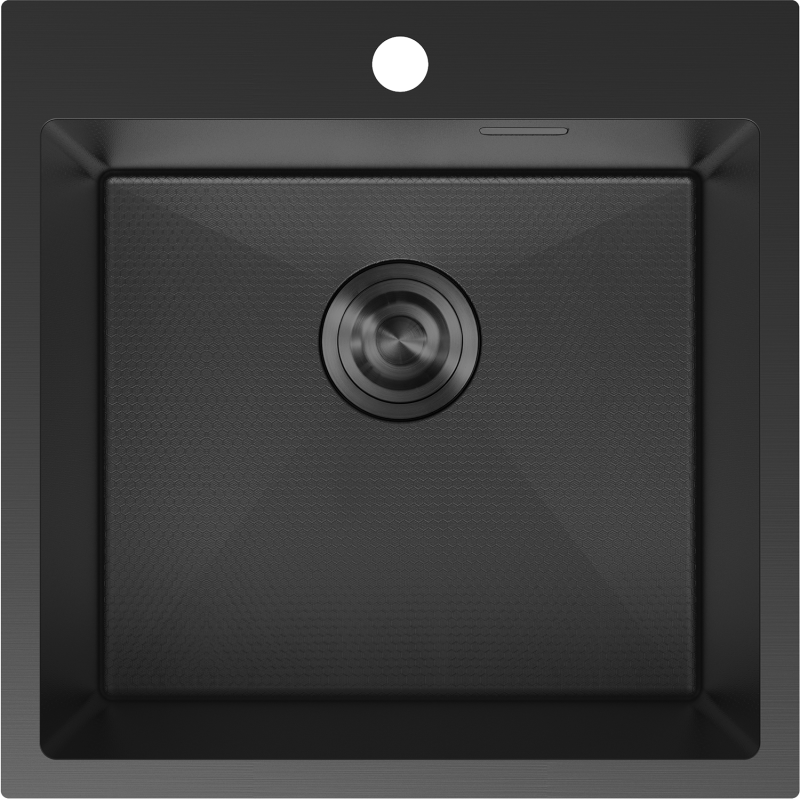 Stålvask Mexen Solix svart 500 x 500 mm med sekskantet tekstur og sentrert avløp sett ovenfra.