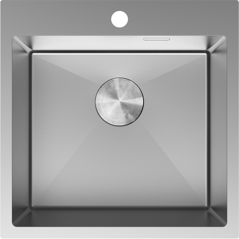 Kjøkkenvask i stål Mexen Solix 500 x 500 mm sett ovenfra med rette kanter og sentrert avløp.