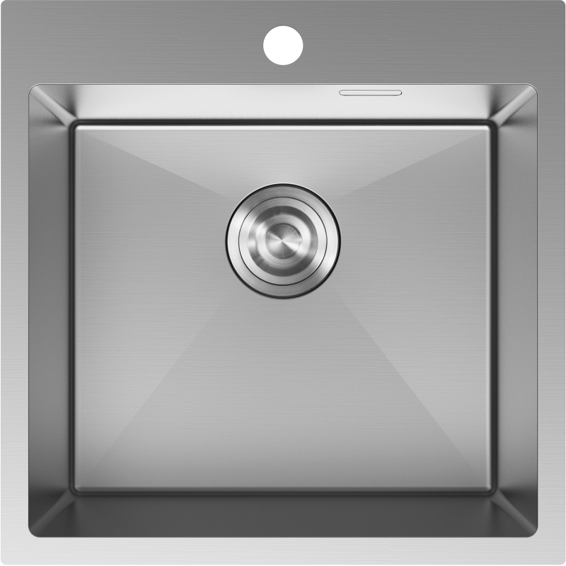 Stålvask Mexen Solix 500 x 500 mm sett ovenfra med sentrert avløp og avrundede hjørner.