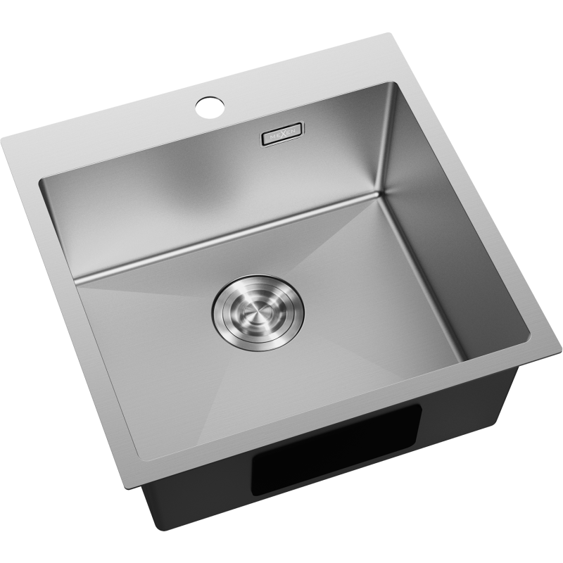 Kjøkkenvask Rustfritt Stål Mexen Solix 500x500 mm sett ovenfra med avrundet hjørne og sentrert avløp.